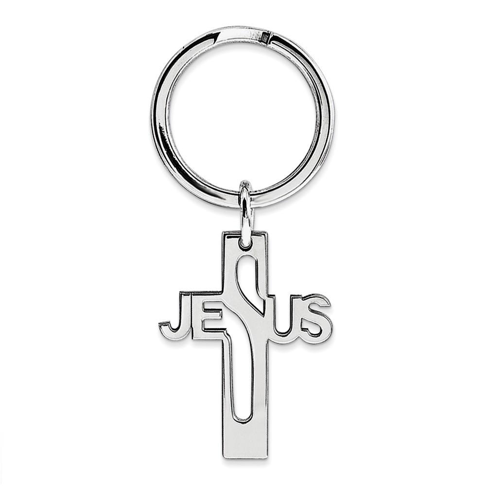 Jewelryweb Sterling Silver Rhodium-plated Jesus Cross Key Ring