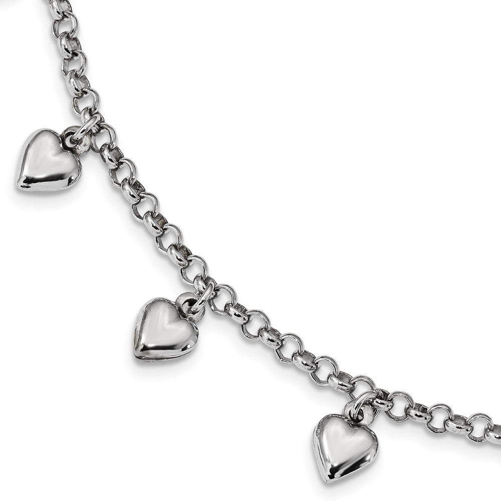 Jewelryweb 3.8mm Sterling Silver Rhodium Plated Polished Puffed Heart Charm Bracelet - 7 Inch
