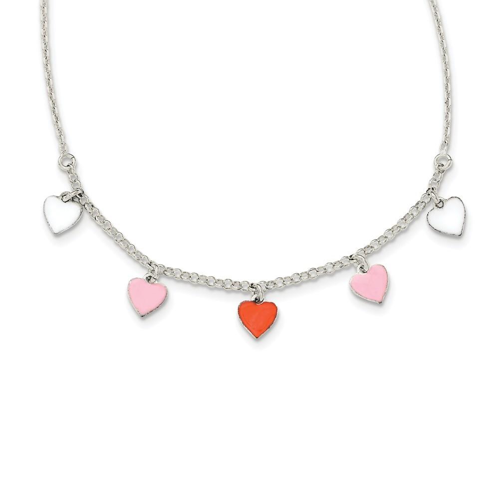 Jewelryweb Sterling Silver Polished Enamel Heart Childs Necklace - 14 Inch - Measures 11mm Wide