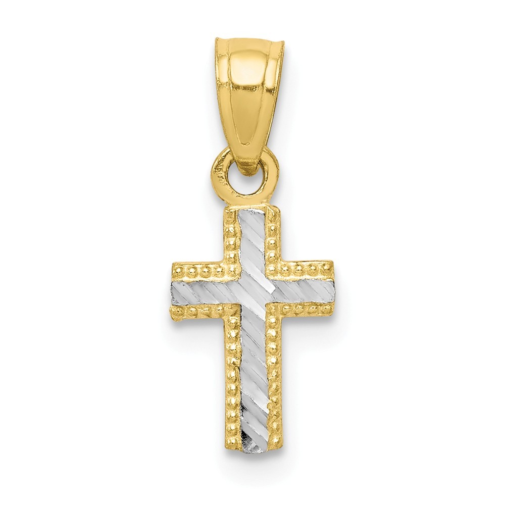 Jewelryweb 10k Yellow Gold and Rhodium Tiny Children Sparkle-Cut Cross Pendant - Measures 18x7mm Wide