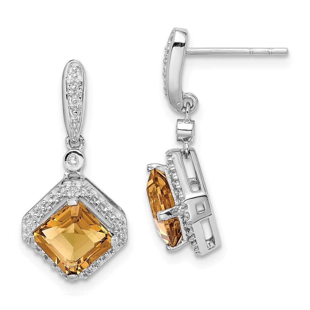 Jewelryweb Sterling Silver Diamond and Whisky Quartz Square Post Dangle Earrings