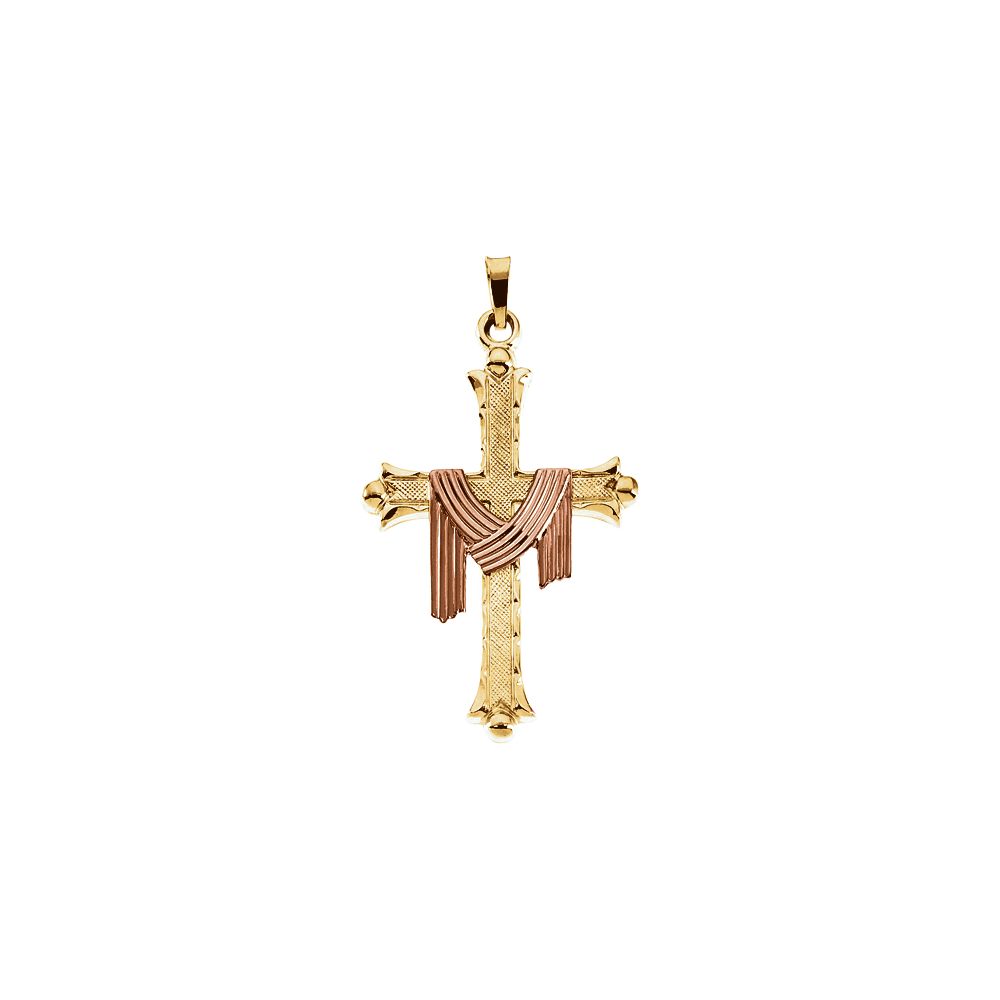 Jewelryweb 14k Yellow Gold Cross Pendant With Robe Yellow Rose 25.5x18mm