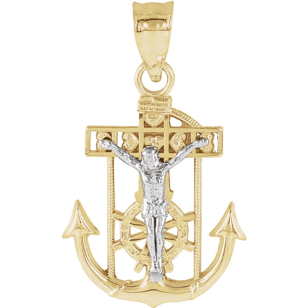 Jewelryweb 14k Two-Tone Gold Mariner Chains Cross 17x14.5mm