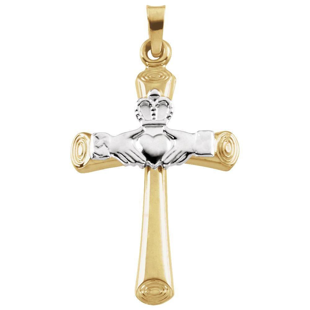 Jewelryweb 14k Two-Tone Gold Claddagh Cross Pendant 27x19.5mm