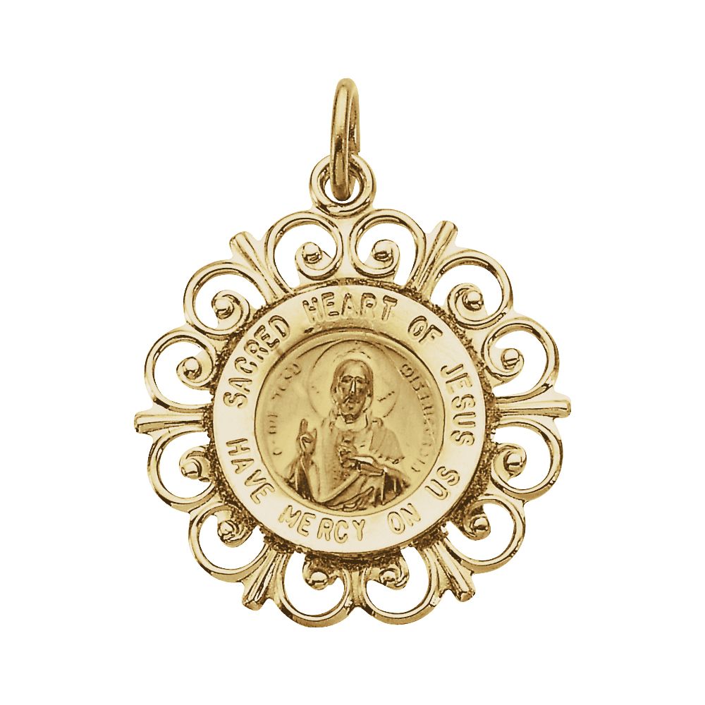 Jewelryweb 14k Yellow Gold Round Sacred Heart Of Jesus Pendant Mdl 18.5