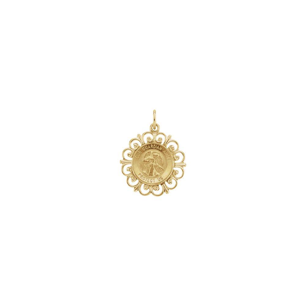 Jewelryweb 14k Yellow Gold Round Guardian Angel Pendant Medal 18.5