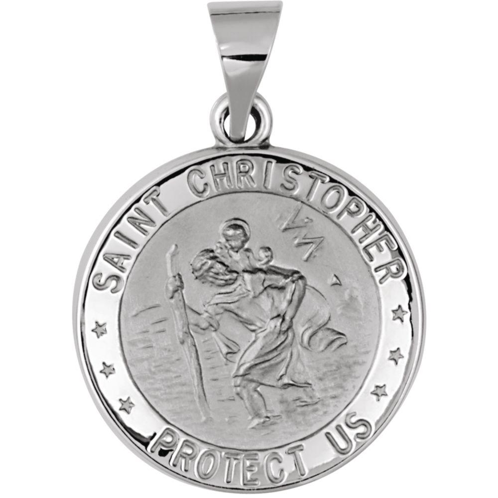 Jewelryweb 14k White Gold Hollow Round St. Christopher Medal 21.75mm