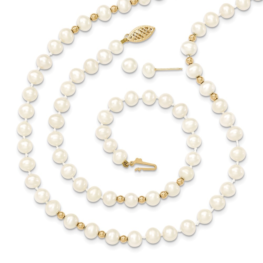 Jewelryweb 14k Yellow Gold Bead 5-6mm Freshwater Cultured Pearl Necklace 7.25inch Bracelet Earrings Set