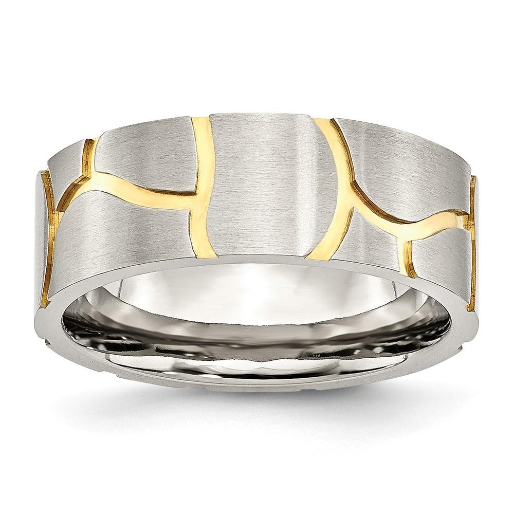 Jewelryweb Stainless Steel Satin and Grooved Gold-Flashed Mens 8mm Band Ring - Size 9.5