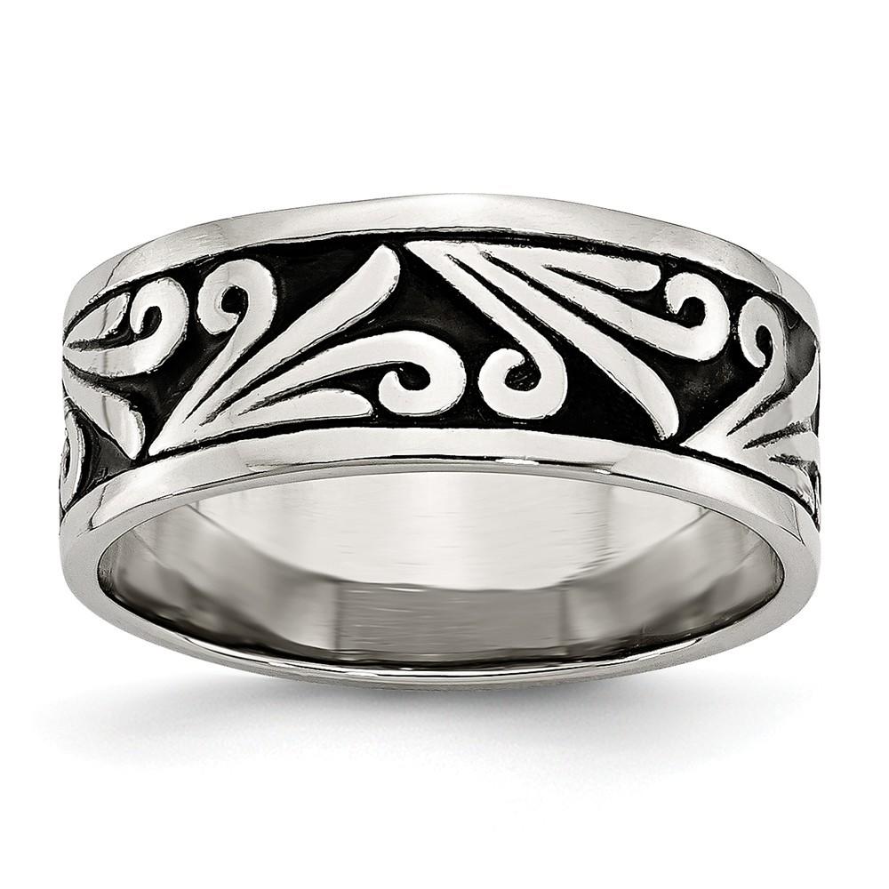 Jewelryweb Stainless Steel Fancy Design Antiqued Band Ring - Size 10