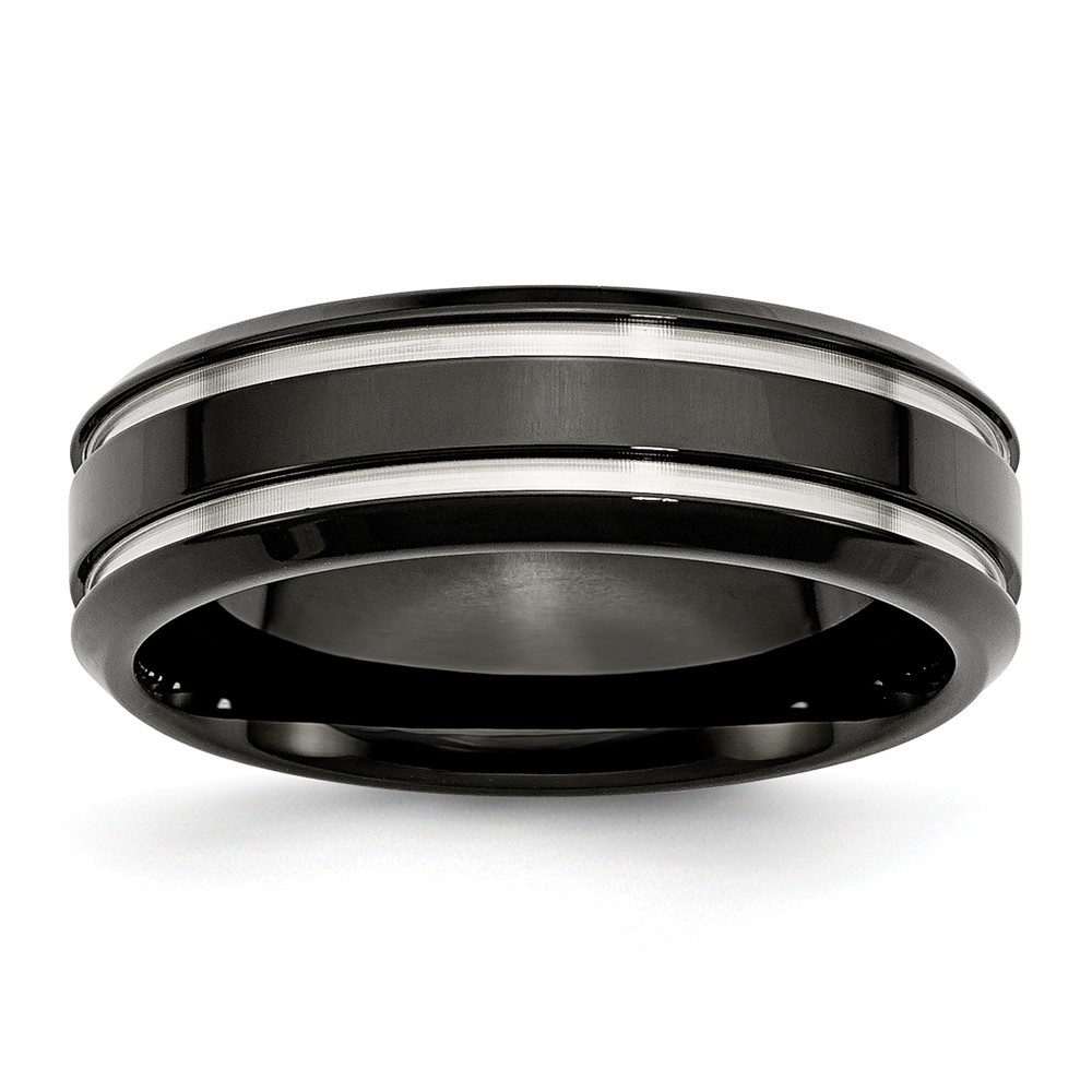 Jewelryweb Stainless Steel Black Plated Grooved 7mm Band Ring - Size 13