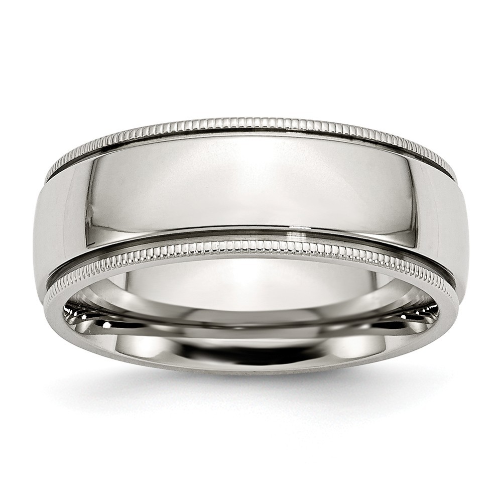 Jewelryweb Stainless Steel Grooved and Beaded 8mm Polished Band Ring - Size 9.5