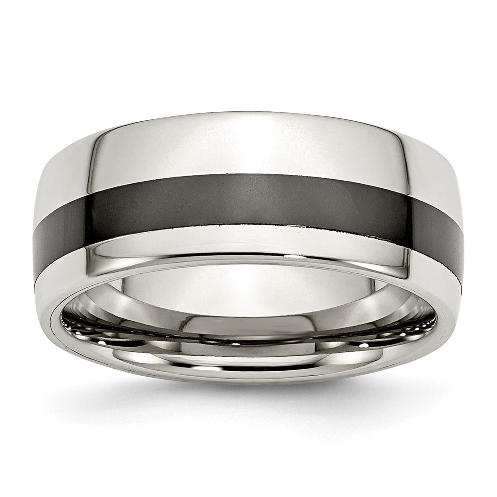 Jewelryweb Stainless Steel Polished Black Ceramic Inlay 9.00mm Band Ring - Size 12