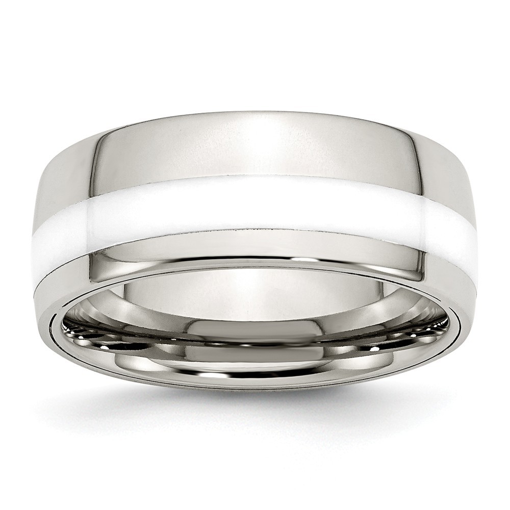 Jewelryweb Stainless Steel Polished White Ceramic Inlay 9.00mm Band Ring - Size 12
