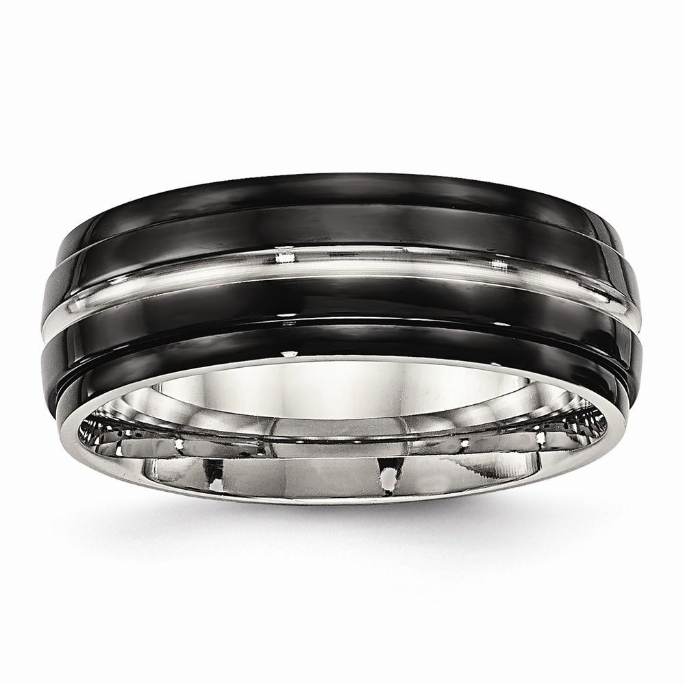 Jewelryweb 8mm Stainless Steel Polished Black Ip Ridged Edged Ring - Size 11