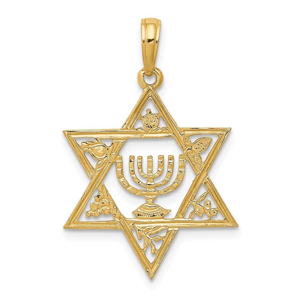 Jewelryweb 14k Yellow Gold Star Of David With Menorah Pendant - Measures 27x18mm Wide