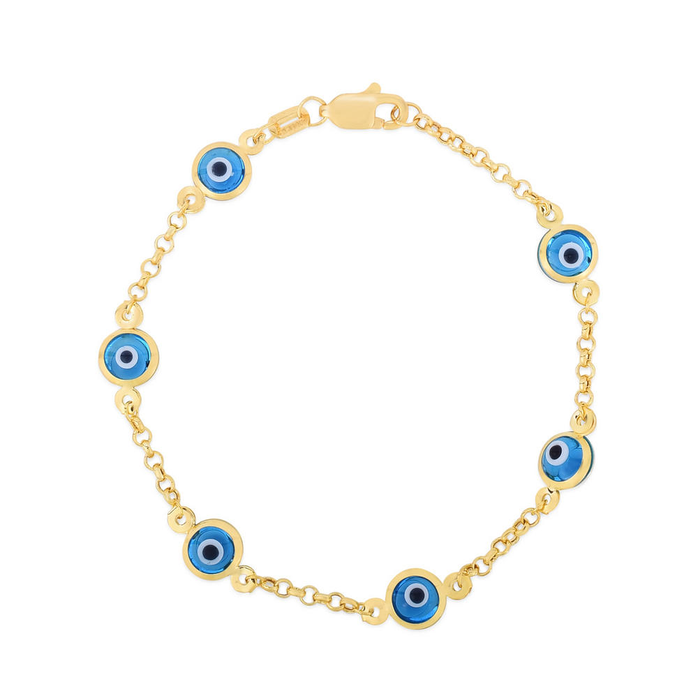 Jewelryweb 14k 5.5 Inch Yellow Gold Shiny Rolo Link Chain Station Evil Eye Bracelet With Pear Shape Clasp