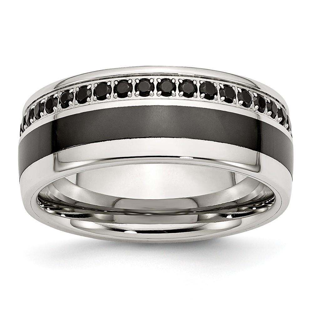 Jewelryweb Stainless Steel Polished Black Ceramic Inlay Cubic Zirconia 9.00mm Band Ring - Size 9