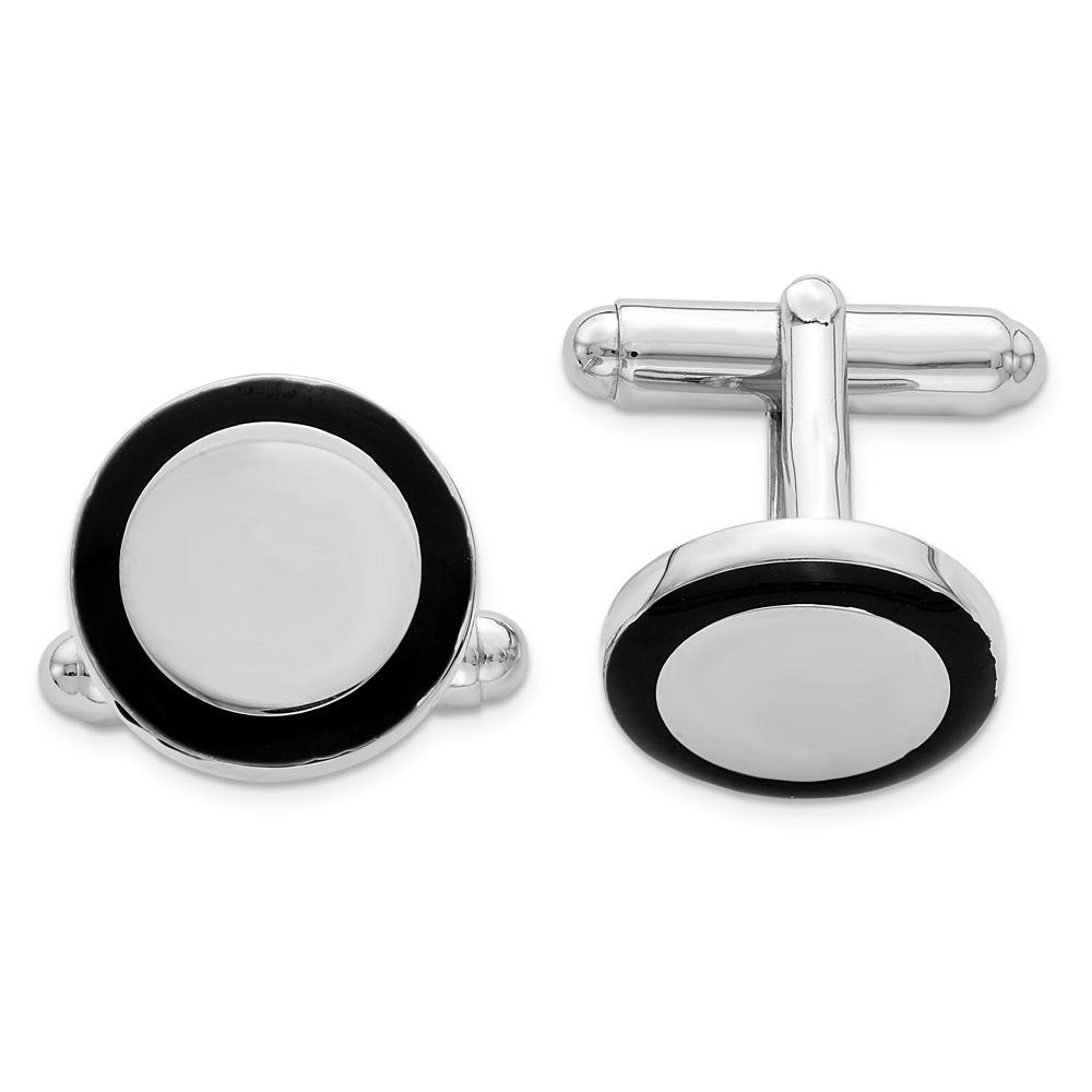Jewelryweb Sterling Silver and Black Enamel Round Cuff Links