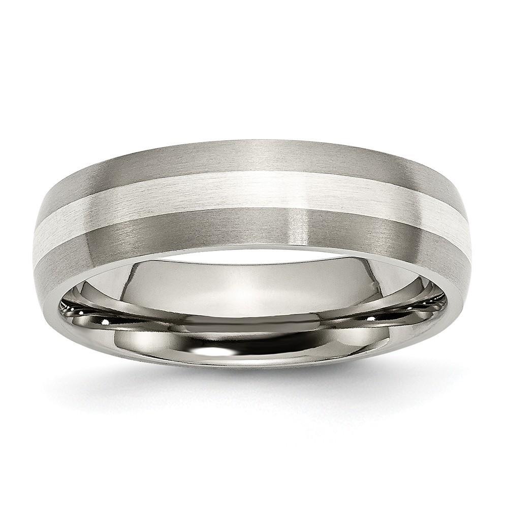 Jewelryweb Titanium Sterling Silver Inlay 6mm Satin Band Ring - Size 10