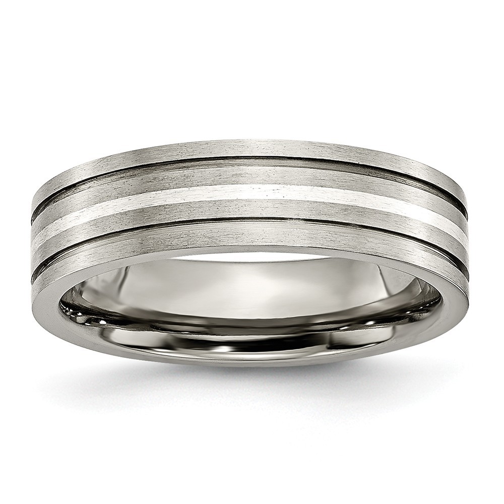 Jewelryweb Titanium Grooved Sterling Silver Inlay 6mm Brushed Band Ring - Size 13