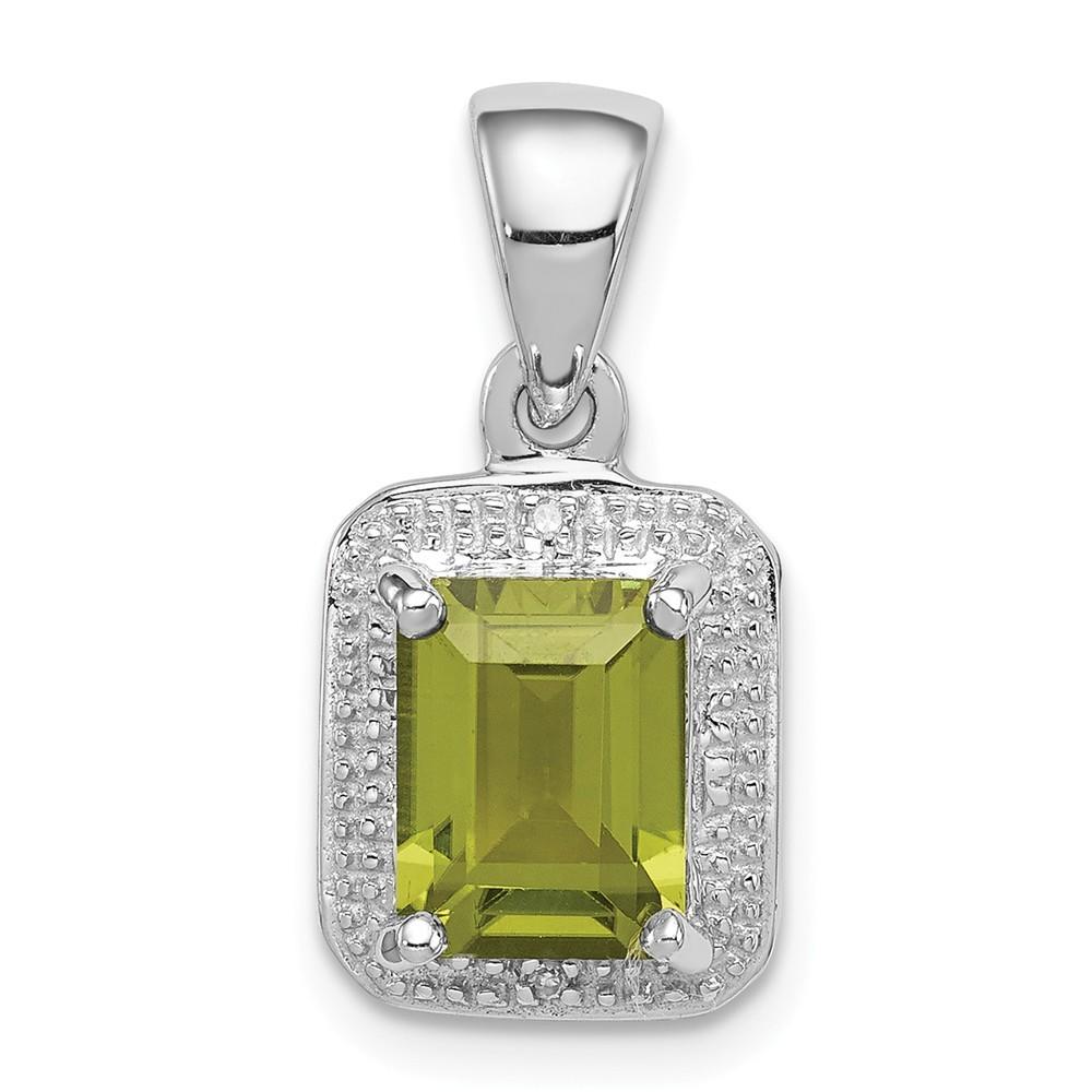 Jewelryweb Sterling Silver Rhodium Emerald-cut Peridot and Diamond Pendant