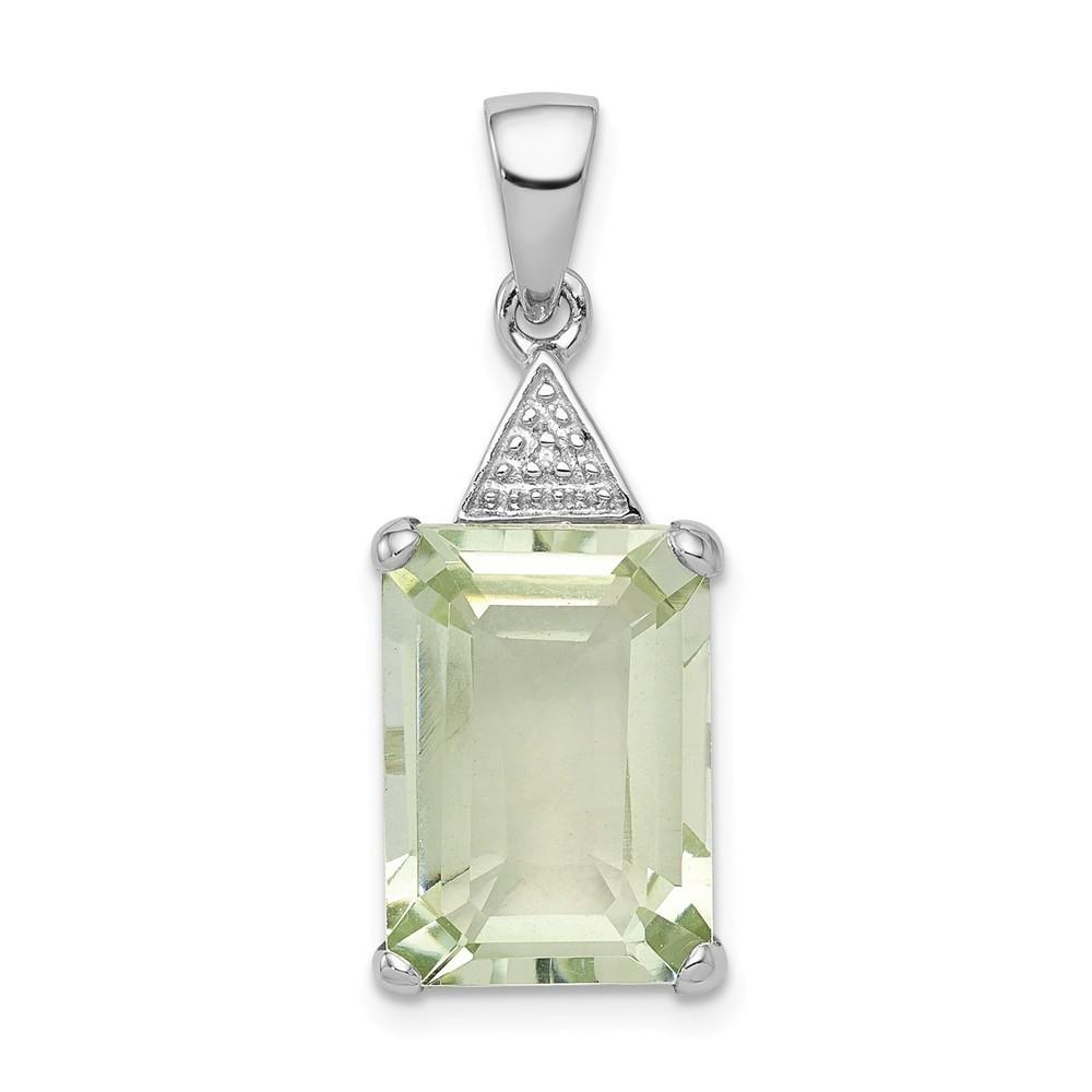 Jewelryweb Sterling Silver Emerald-cut Green Amethyst and Diamond Pendant