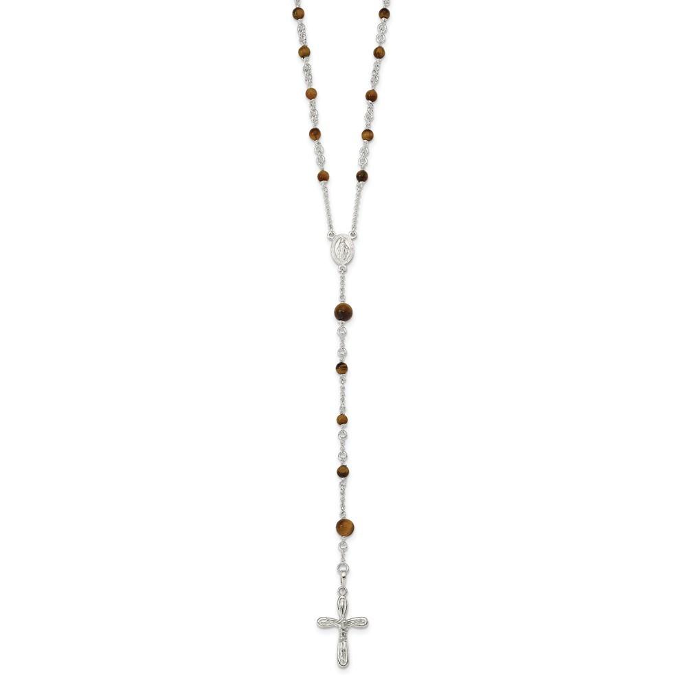 Jewelryweb Sterling Silver Polished Tiger Eye Rosary Necklace