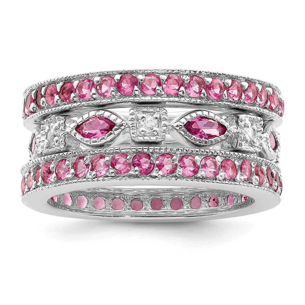 Jewelryweb Sterling Silver Cubic Zirconia Triple Pink and White Band Square And Oval Center Ring - Size 6