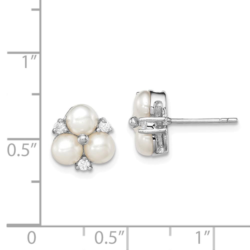 Jewelryweb Sterling Silver 5-6mm White Freshwater Cultured 3-pearl Cubic Zirconia Post Earrings - Measures 11x1