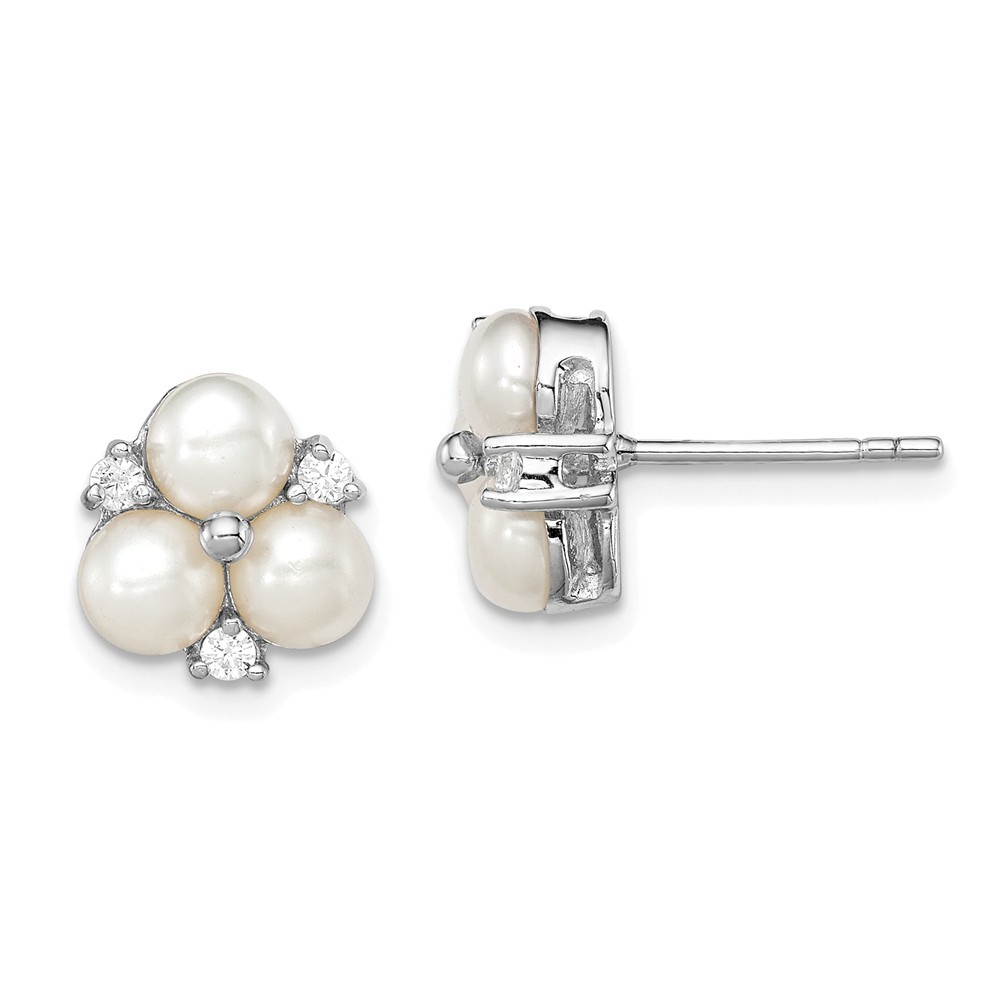 Jewelryweb Sterling Silver 5-6mm White Freshwater Cultured 3-pearl Cubic Zirconia Post Earrings - Measures 11x1