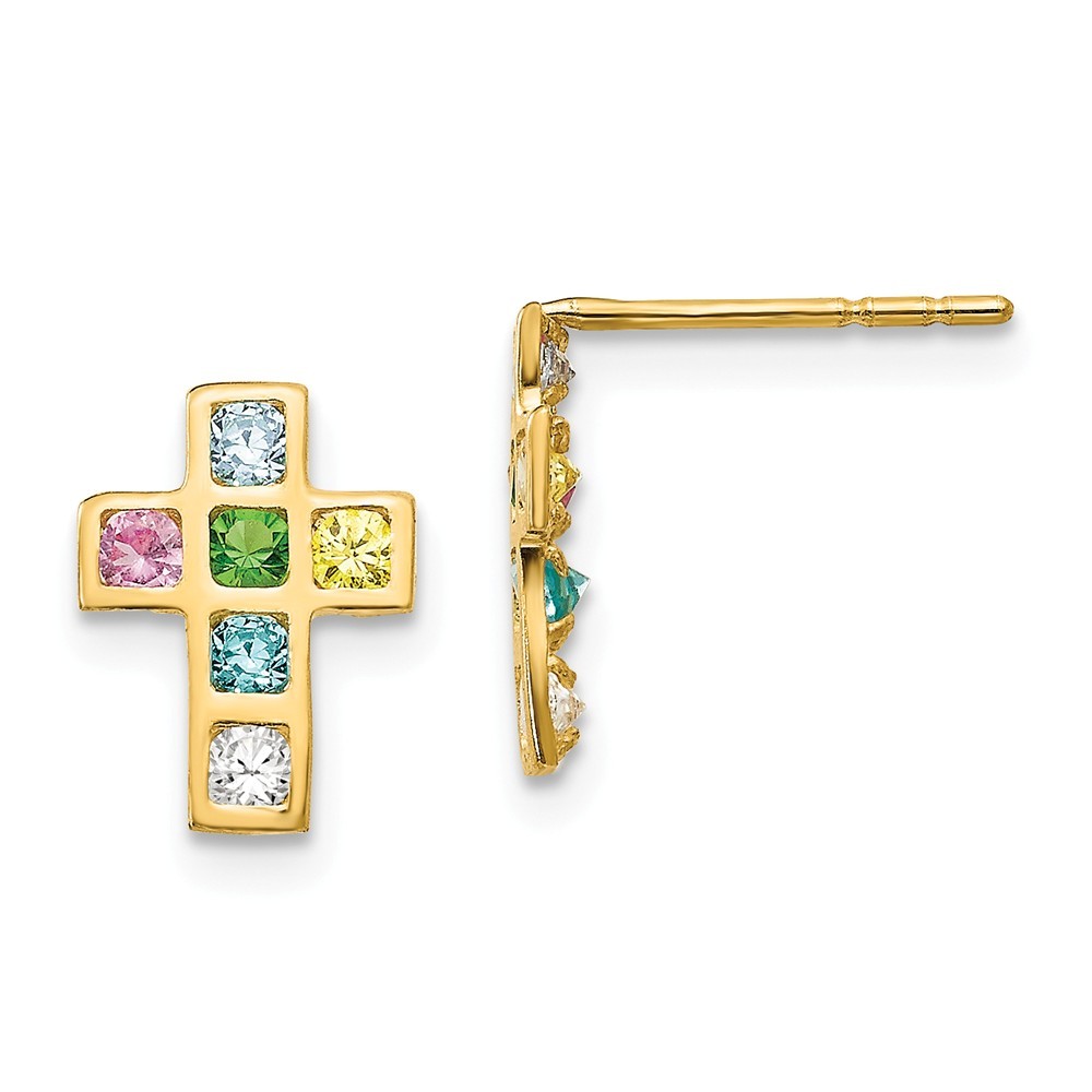 Jewelryweb 14k Yellow Gold Multi-colored Cubic Zirconia Cross Post Earrings - Measures 10x8mm Wide