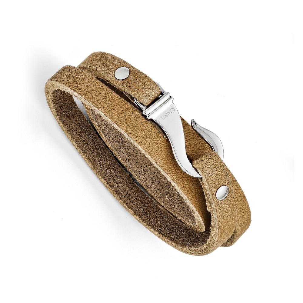 Jewelryweb Stainless Steel Light Brown Leather Wrap Bracelet