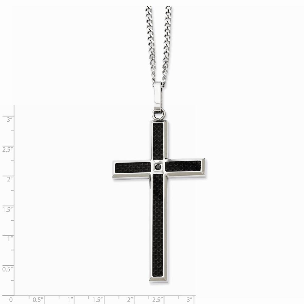 Jewelryweb Stainless Steel Blk Carbon Fiber and Black Diamond 22inch Cross Necklace - 22 Inch