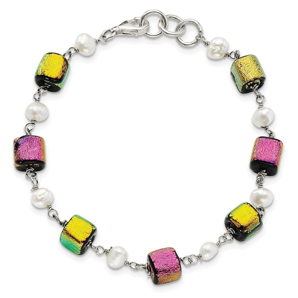 Jewelryweb Sterling Silver Pink and Yellow Dichroic Glass With Freshwater Cultured Pearls Br - 8.5 Inch