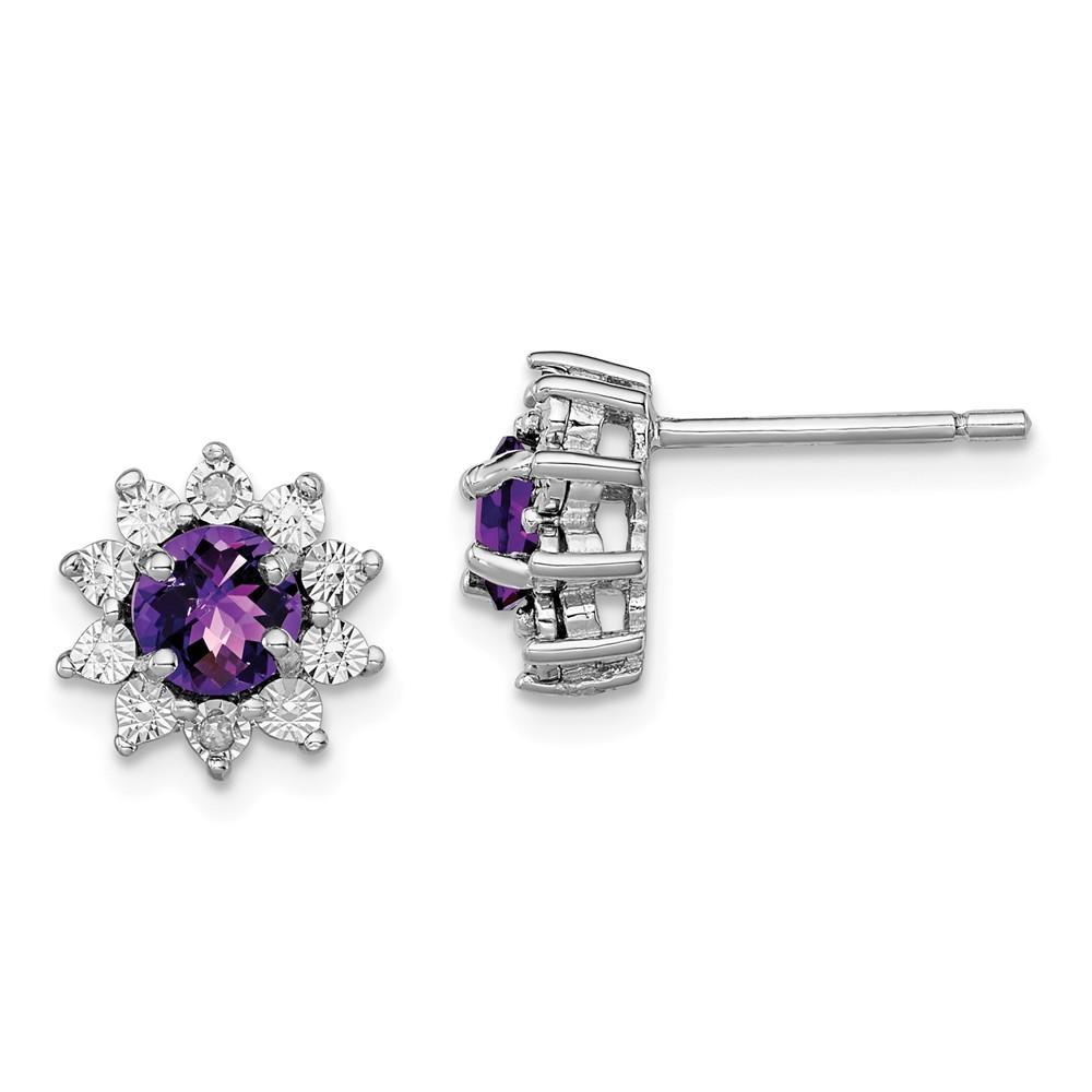 Jewelryweb Sterling Silver Diamond and Amethyst Earrings - Measures 10x10mm Wide