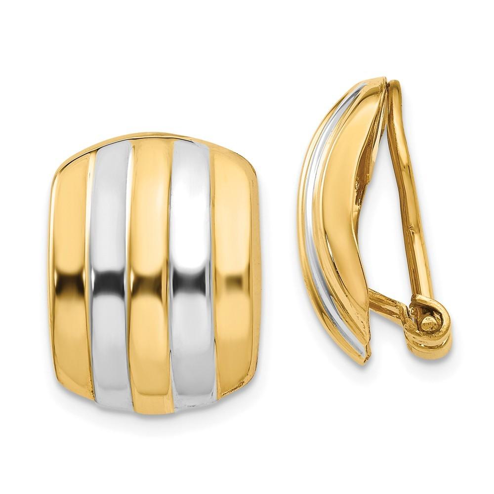 Jewelryweb 14k Two-Tone Gold Ribbed Non-pierced Omega Back Earrings - Measures 17x12mm Wide