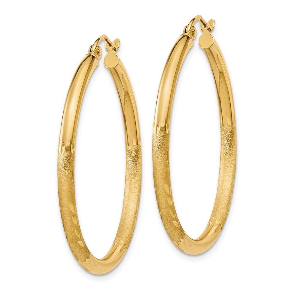 Jewelryweb 14k Yellow Gold Satin and Sparkle-Cut 2.5mm Round Hoop Earrings - Measures 30x2.5mm Wide