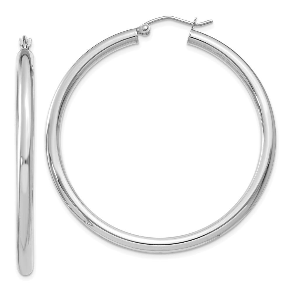 Jewelryweb 14k White Gold 3mm Round Hoop Earrings - Measures 45mm long 3mm Thick