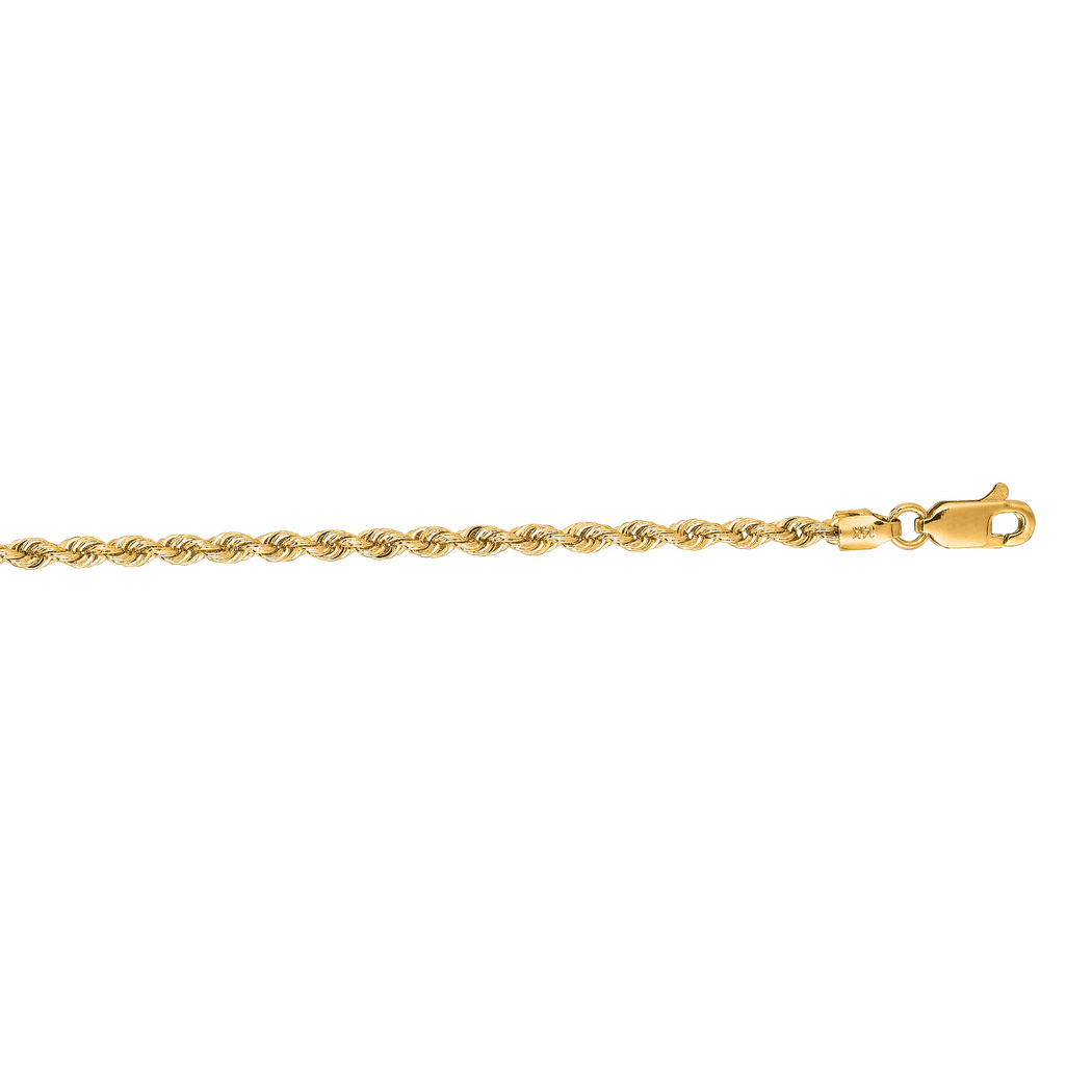 Jewelryweb 14k Yellow Gold 2.5mm Sparkle-Cut Solid Rope Chain With Lobster Clasp Bracelet - 7 Inch