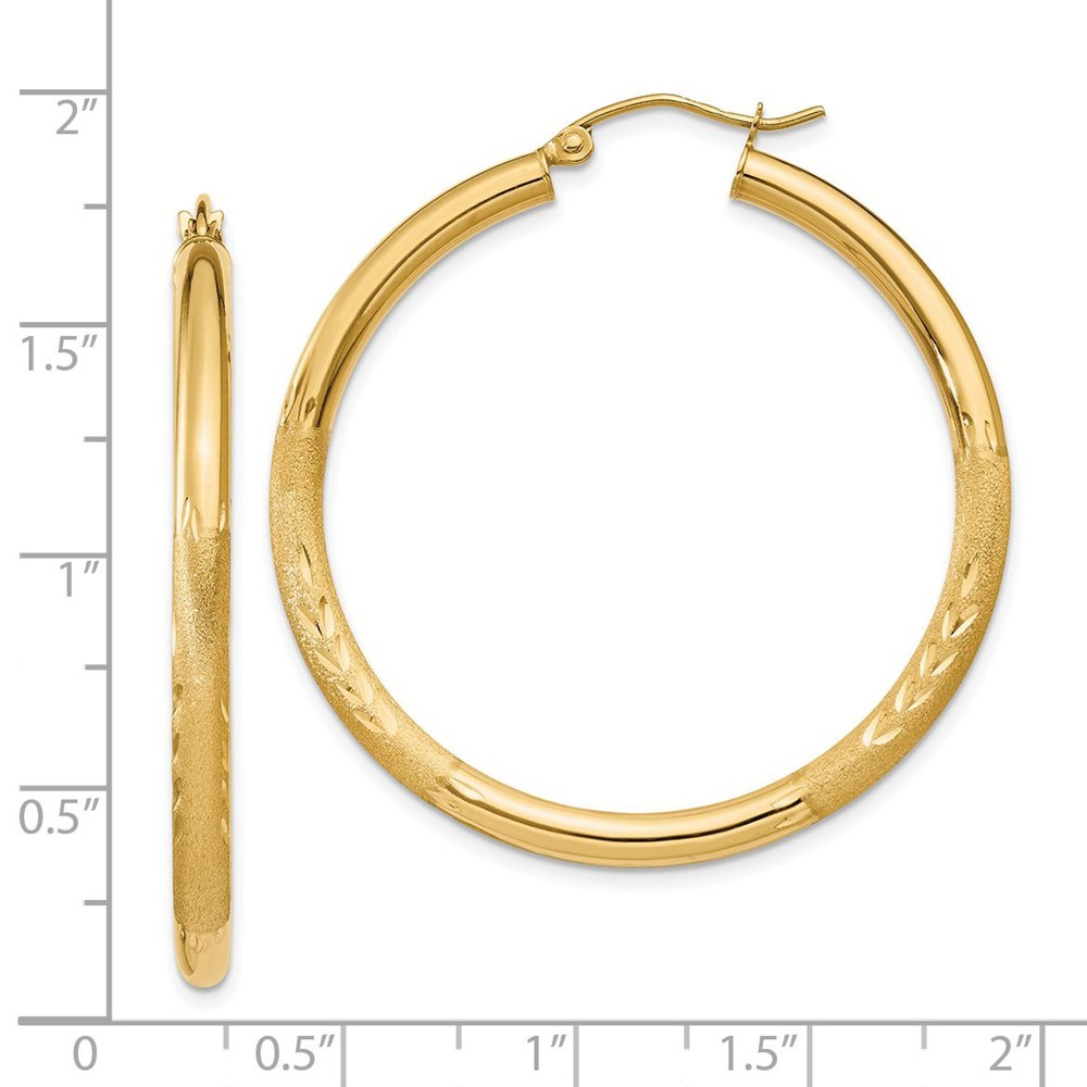 Jewelryweb 14k Yellow Gold Satin and Sparkle-Cut 3mm Round Hoop Earrings - Measures 40mm long 3mm Thick