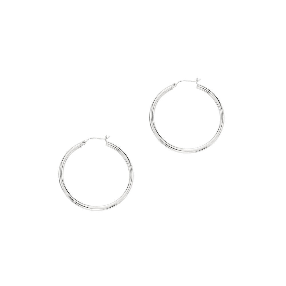 Jewelryweb 14k White Gold 3.0x40mm Round Tube Shiny Hoop Earrings With Hinged Clasp