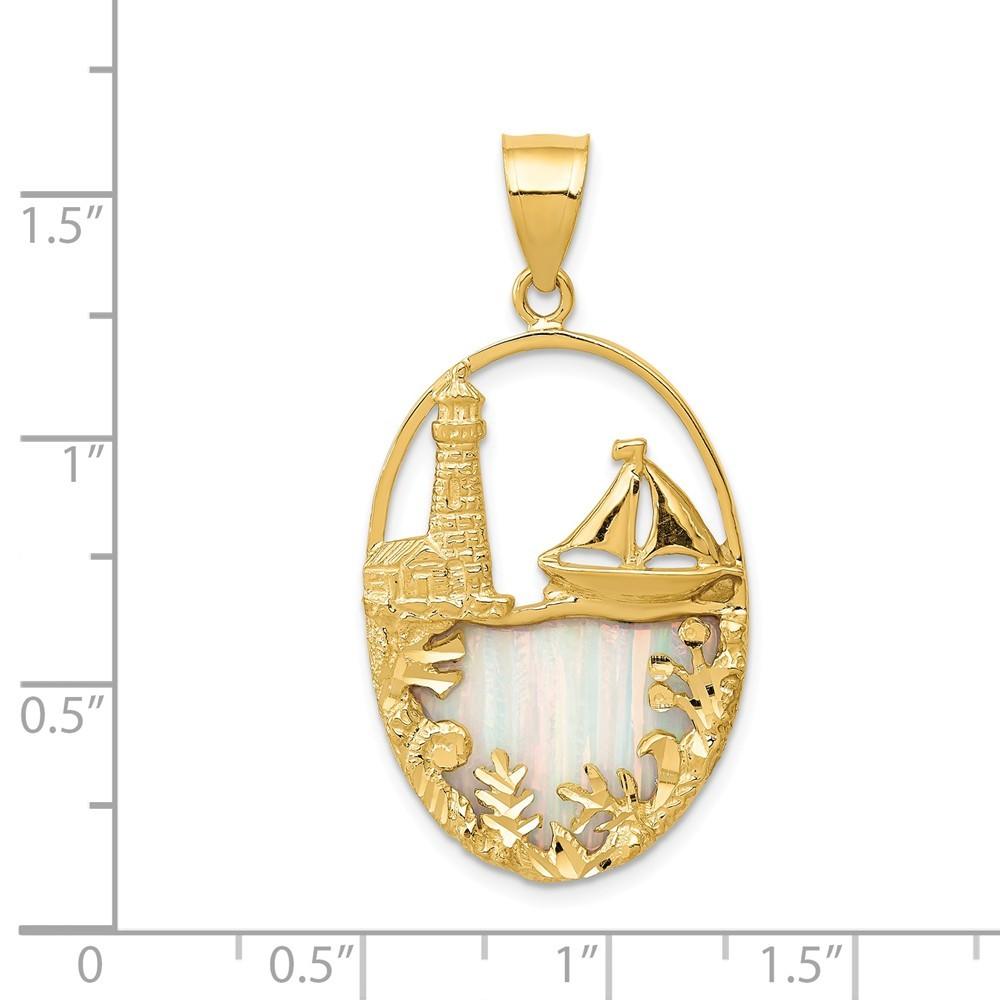 Jewelryweb 14k Yellow Gold Simulated Opal Lighthouse and Sailboat Pendant