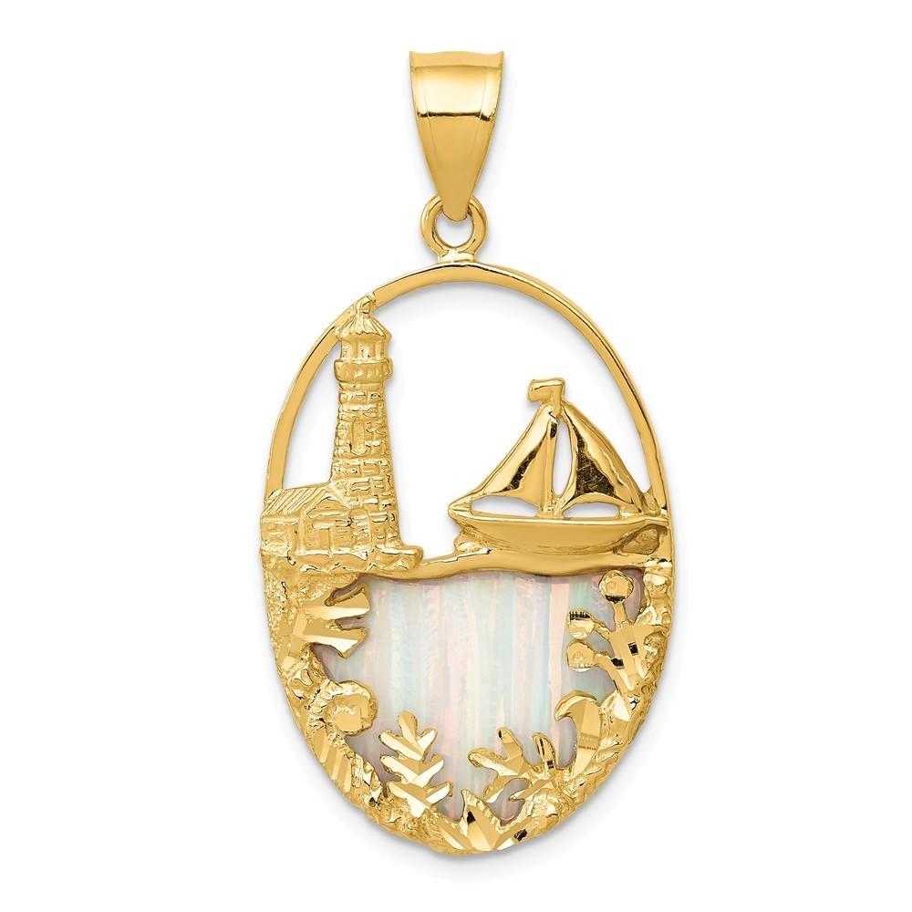 Jewelryweb 14k Yellow Gold Simulated Opal Lighthouse and Sailboat Pendant