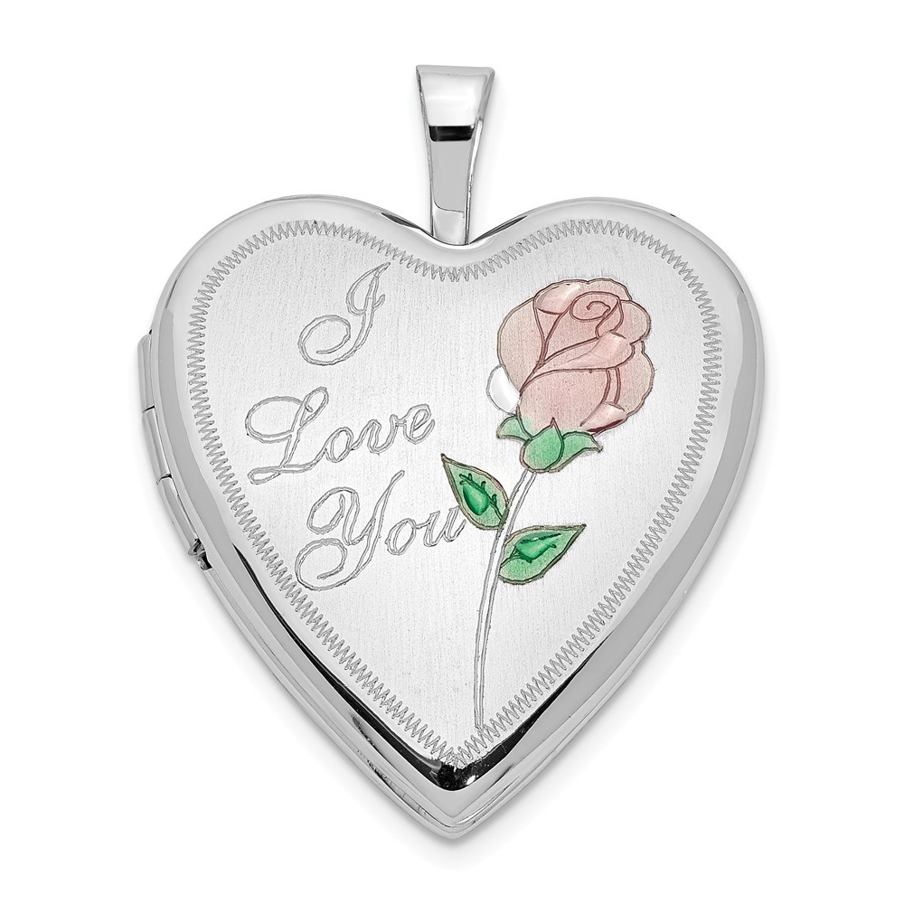 Jewelryweb 14k 20mm White Gold Enamel Rose I Love You Heart Locket