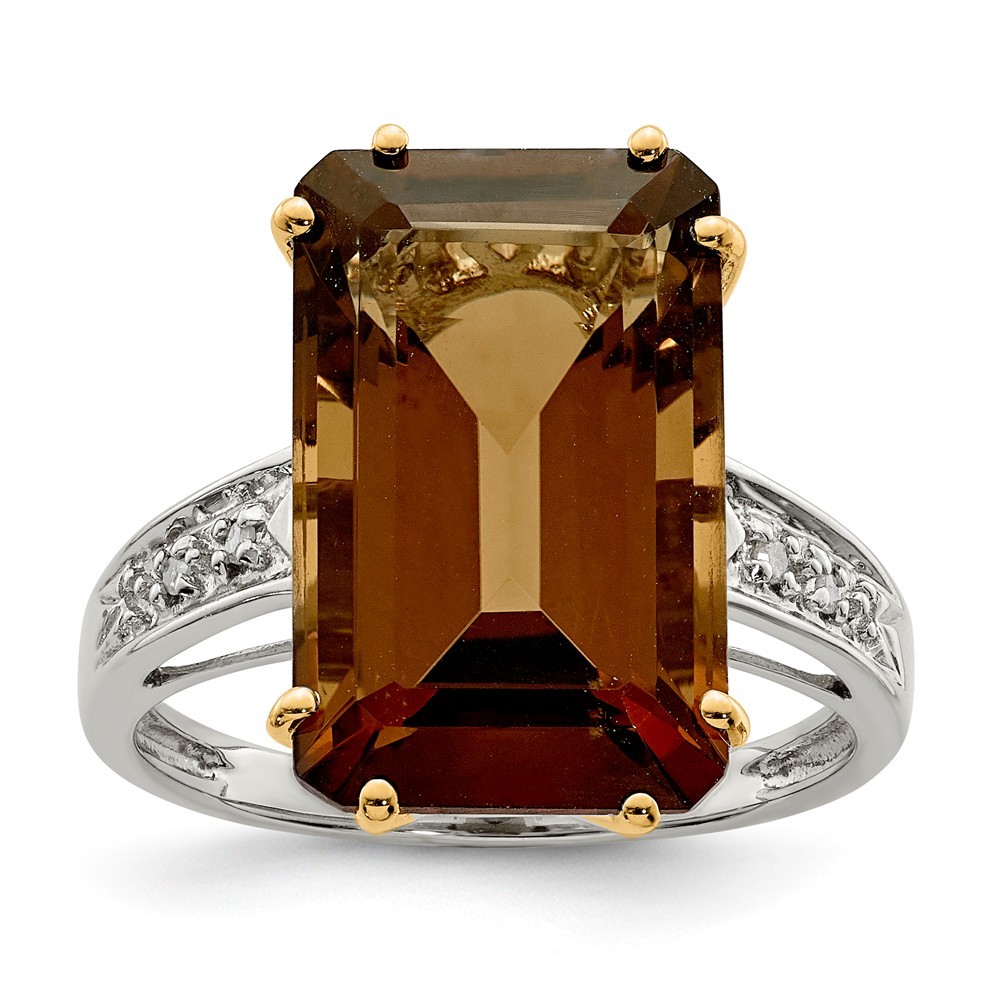 Jewelryweb Sterling Silver and 14K Whiskey Citrine and Diamond Ring - Measures 2x10mm - Size 7