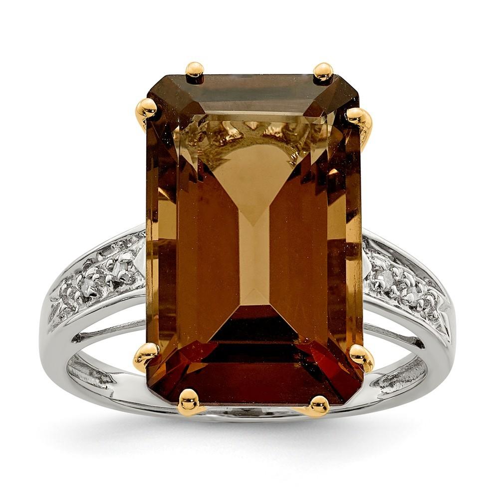 Jewelryweb Sterling Silver and 14K Whiskey Citrine and Diamond Ring - Measures 2x10mm - Size 8