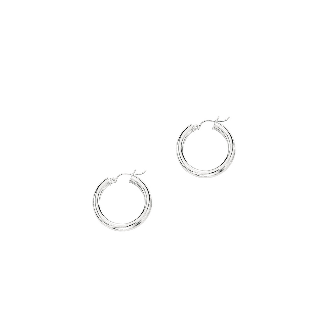 Jewelryweb 14k White Gold 4.0x25mm Round Tube Shiny Hoop Earrings With Hinged Clasp