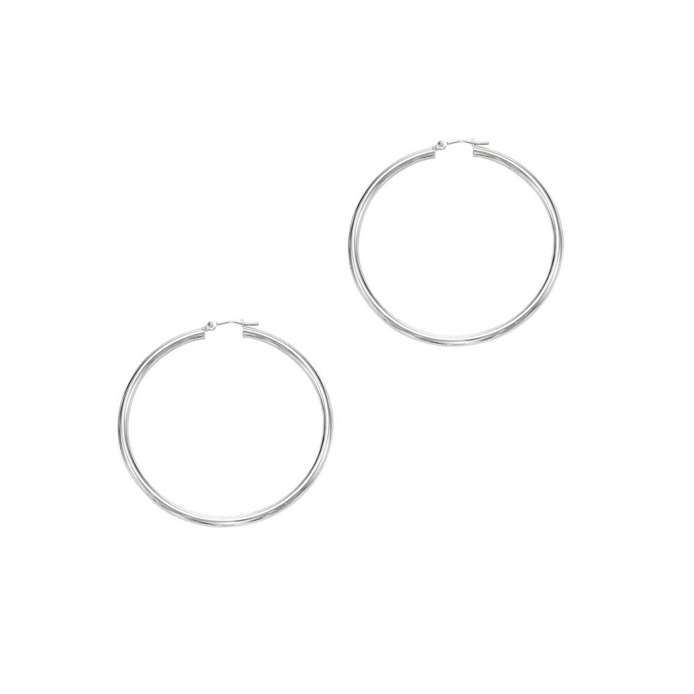 Jewelryweb 14k White Gold 3.0x50mm Round Tube Shiny Hoop Earrings With Hinged Clasp
