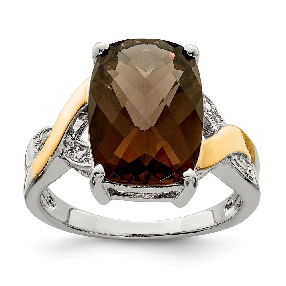 Jewelryweb Sterling Silver and 14K Smokey Quartz and Diamond Ring - Measures 2x10mm - Size 8